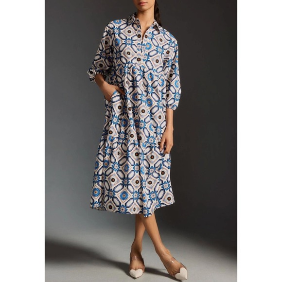 Anthropologie Maeve The Bettina Sapphire Print Tiered Shirt Dress, Blue, XL - Picture 2 of 12
